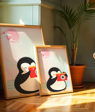 Whimsical penguin illustration with a camera on a pastel beach