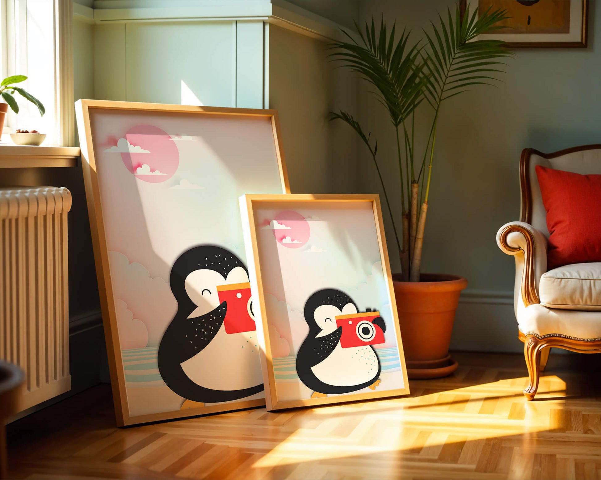 Whimsical penguin illustration with a camera on a pastel beach