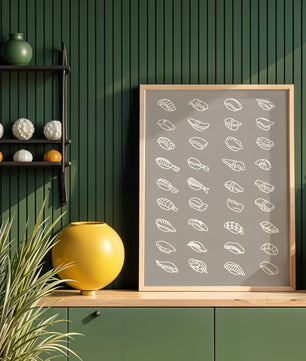 Minimalist sushi sketch illustration with various sushi types