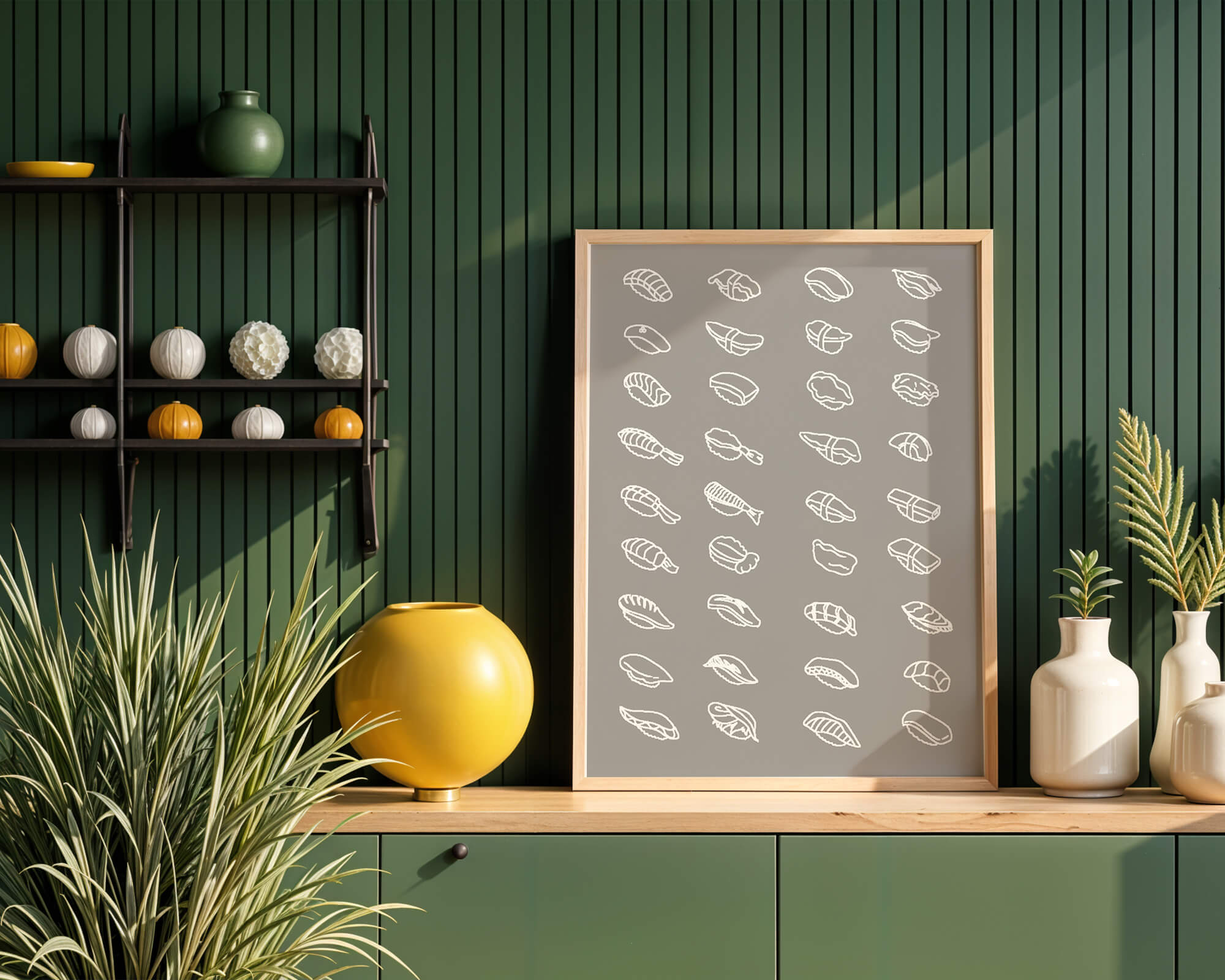Minimalist sushi sketch illustration with various sushi types