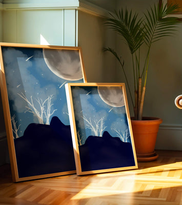 Winter Night Landscape with Bare Trees and Full Moon