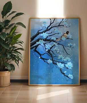 Blue Blossoms on Branch with Bird in Winter Scene