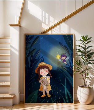 Ilustración de una chica en un bosque con una luciérnaga mágica por la noche