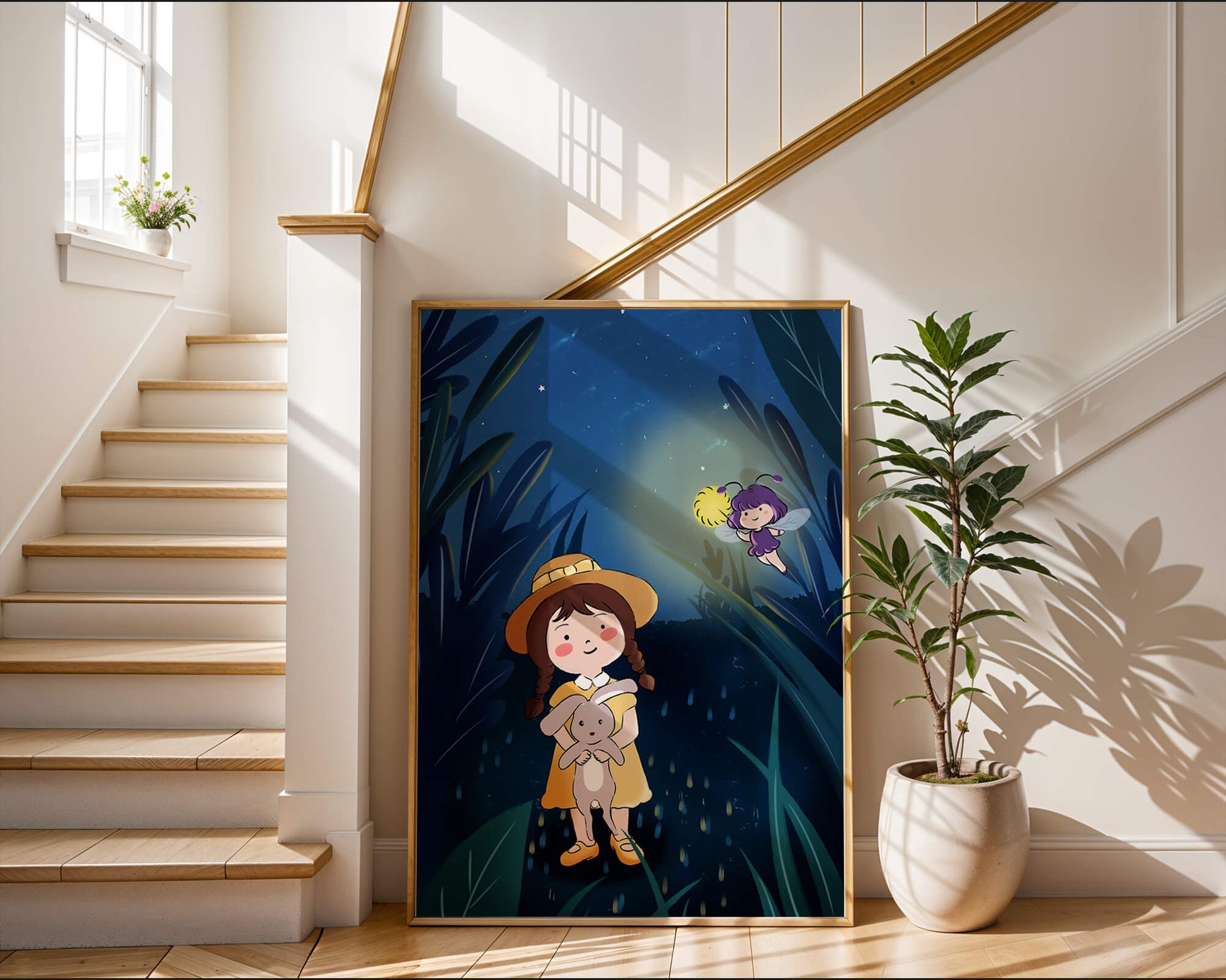 Ilustración de una chica en un bosque con una luciérnaga mágica por la noche
