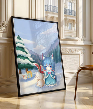 Winter scene with cute chibi character and bunny in snowy landscape