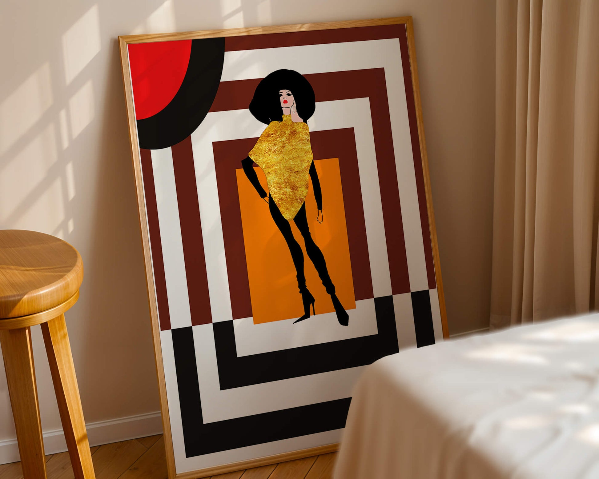Fashion Illustration with Figure in Gold and Geometric Background