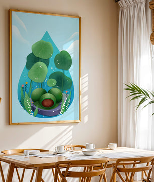 Nature-inspired abstract illustration with leaves and spheres
