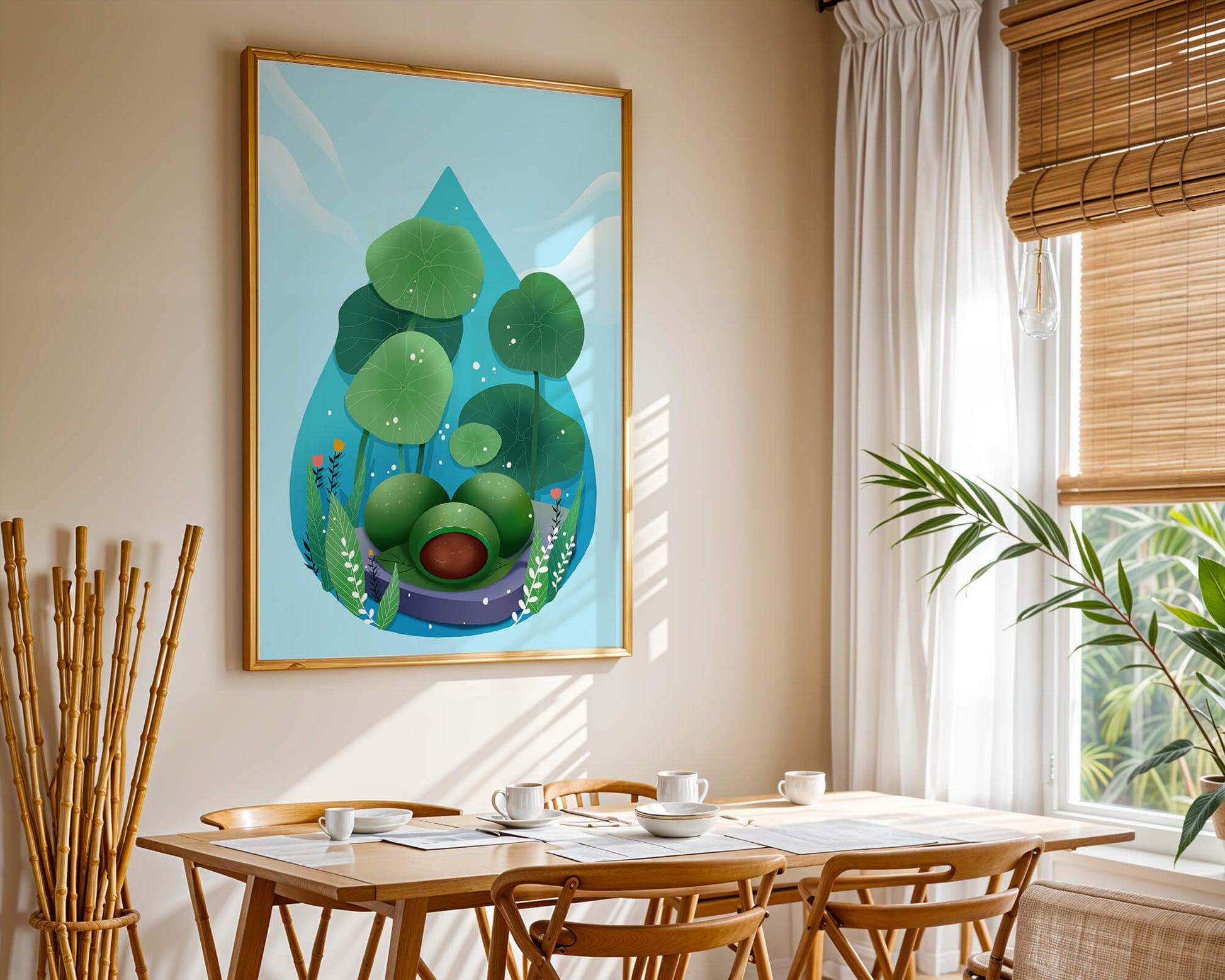Nature-inspired abstract illustration with leaves and spheres