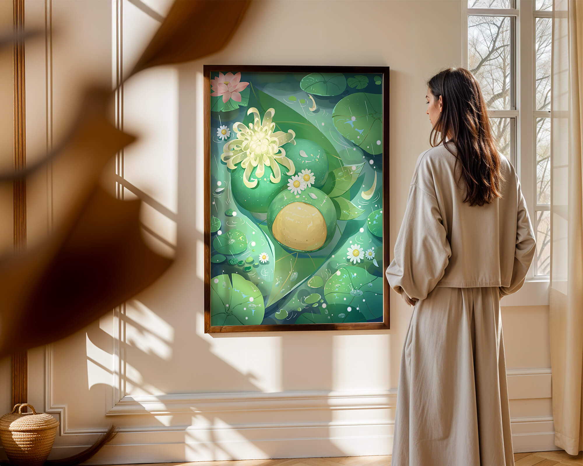 Lush aquatic scene with lotus flowers and green leaves