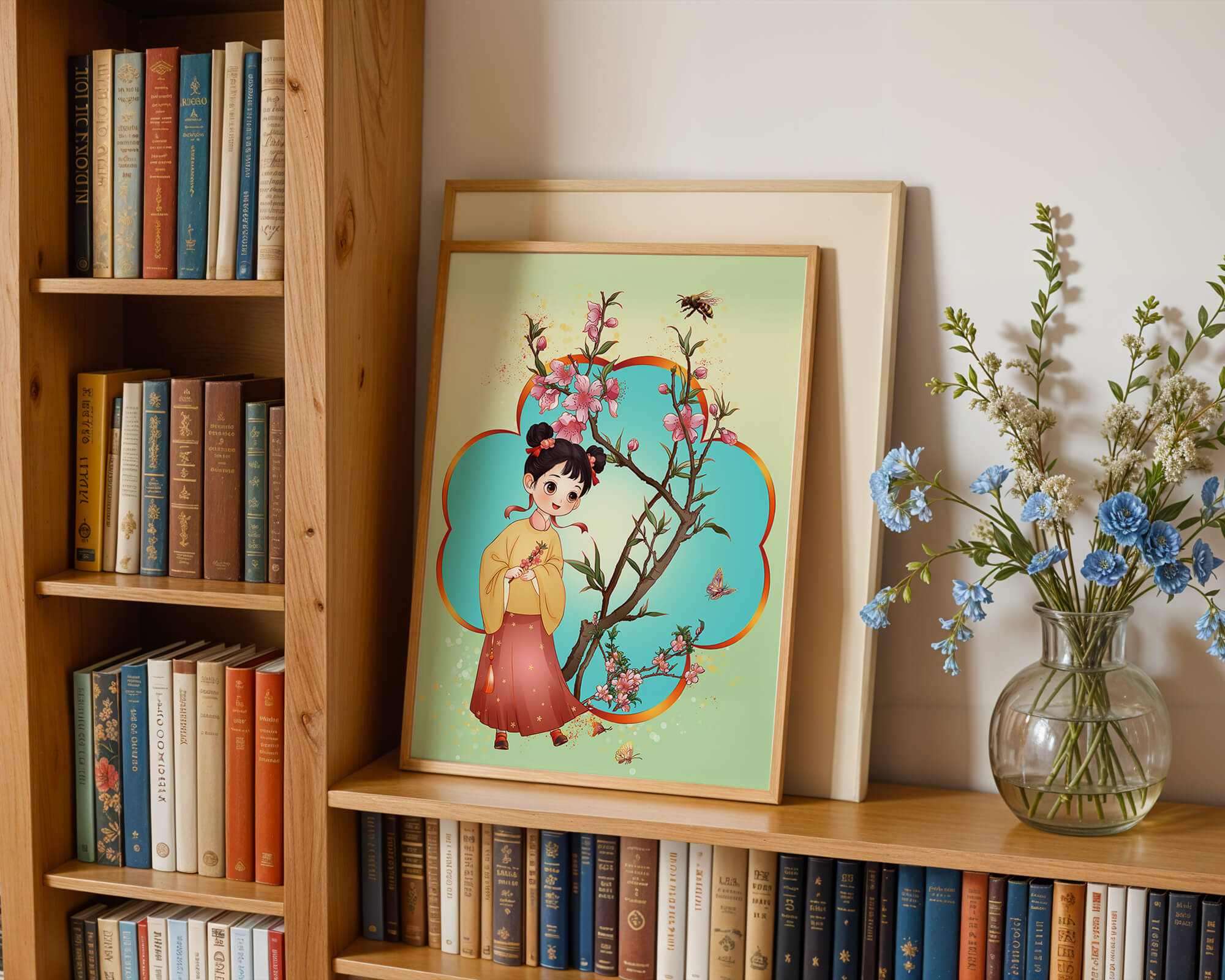 Illustration of a girl with cherry blossoms and butterflies