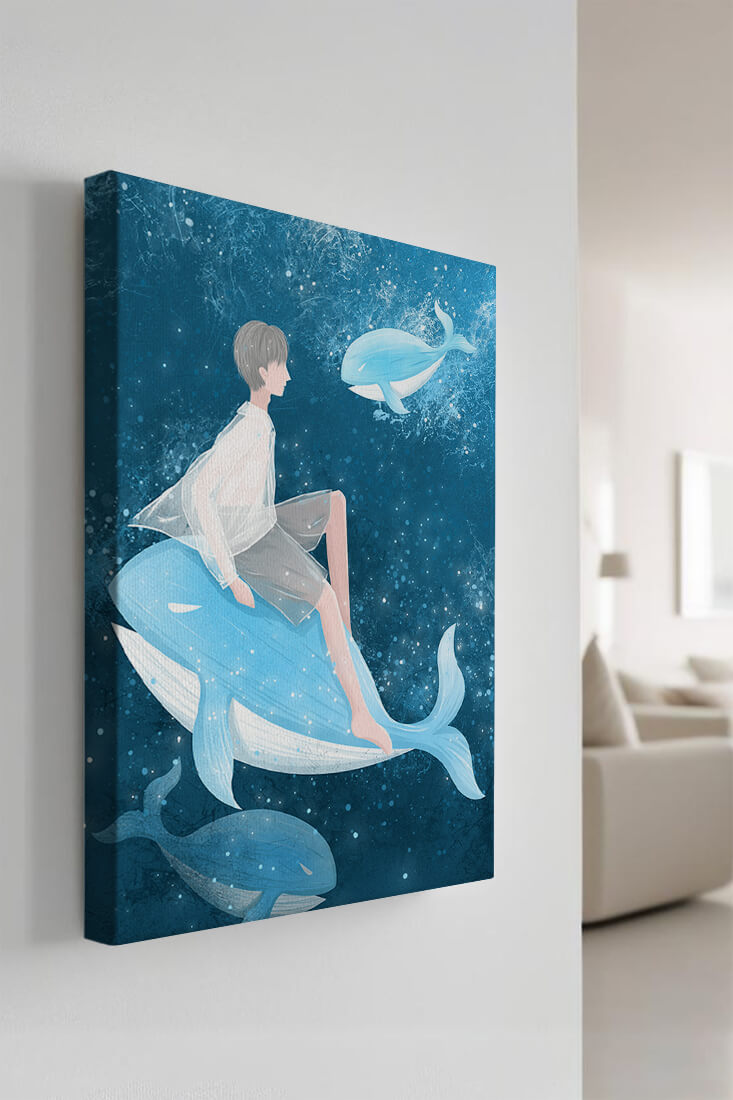 Fantasy illustration of person on blue whale in underwater scene