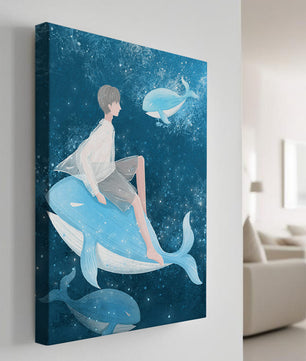 Illustration fantastique d'une personne sur une baleine bleue dans une scène sous-marine