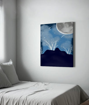 Paysage nocturne d'hiver avec arbres nus et pleine lune