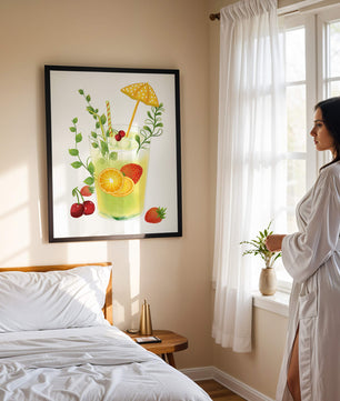 Refreshing summer drink illustration with fruits and greenery