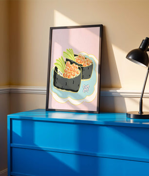 Illustration of sushi rolls with fish roe and avocado on a pastel background