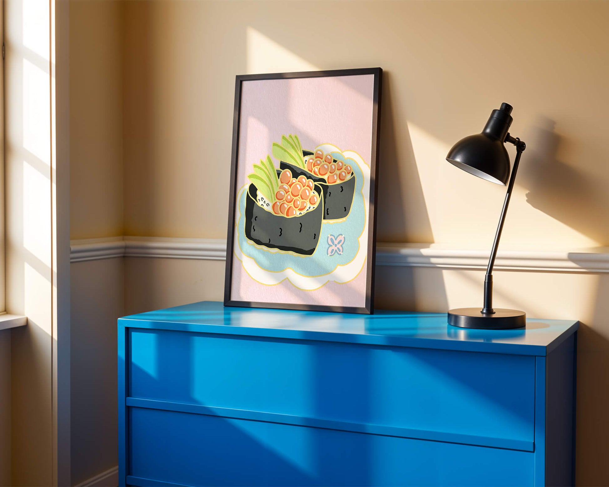 Illustration of sushi rolls with fish roe and avocado on a pastel background