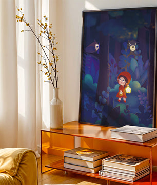 Little Girl in Red Hood Exploring Enchanted Forest at Night with Owl and Bear