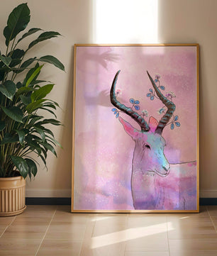 Pastel watercolor illustration of antelope with floral horns