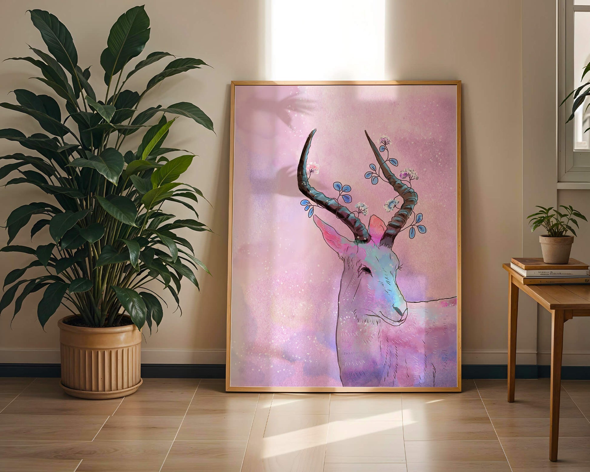 Pastel watercolor illustration of antelope with floral horns