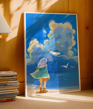 Young person gazing at a vibrant seaside sky with birds flying