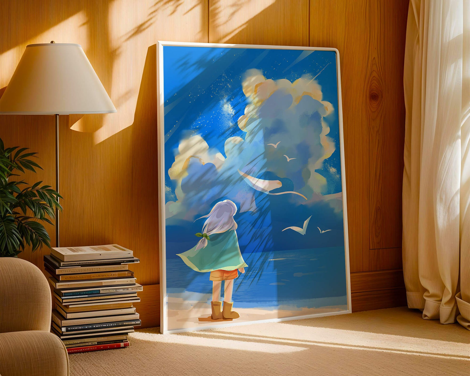 Young person gazing at a vibrant seaside sky with birds flying