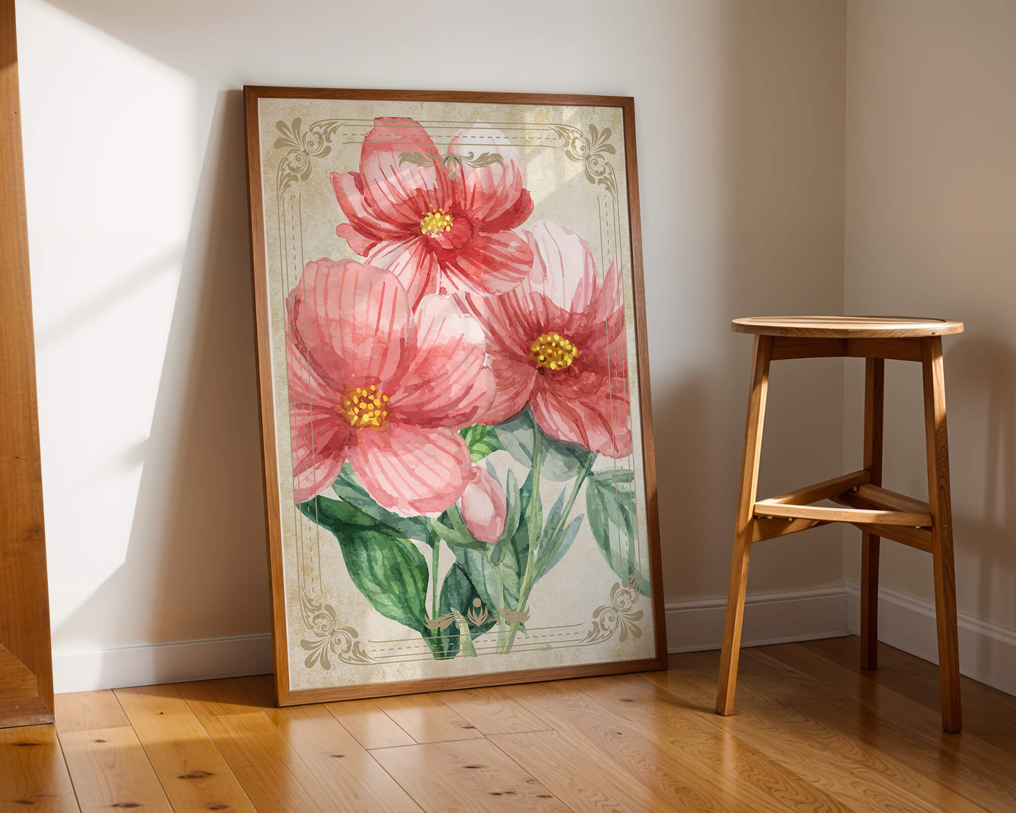 Watercolor floral illustration with pink blooms and green foliage
