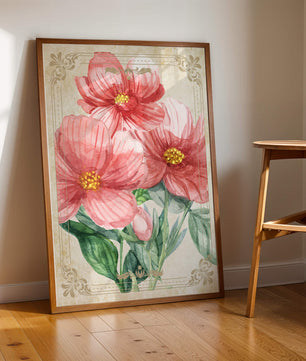 Watercolor floral illustration with pink blooms and green foliage