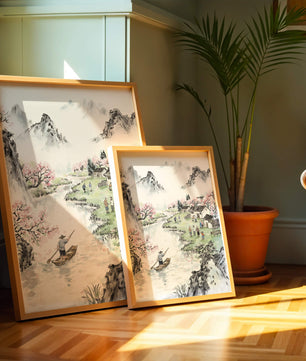 Idyllic Village Scene with Cherry Blossoms and a River