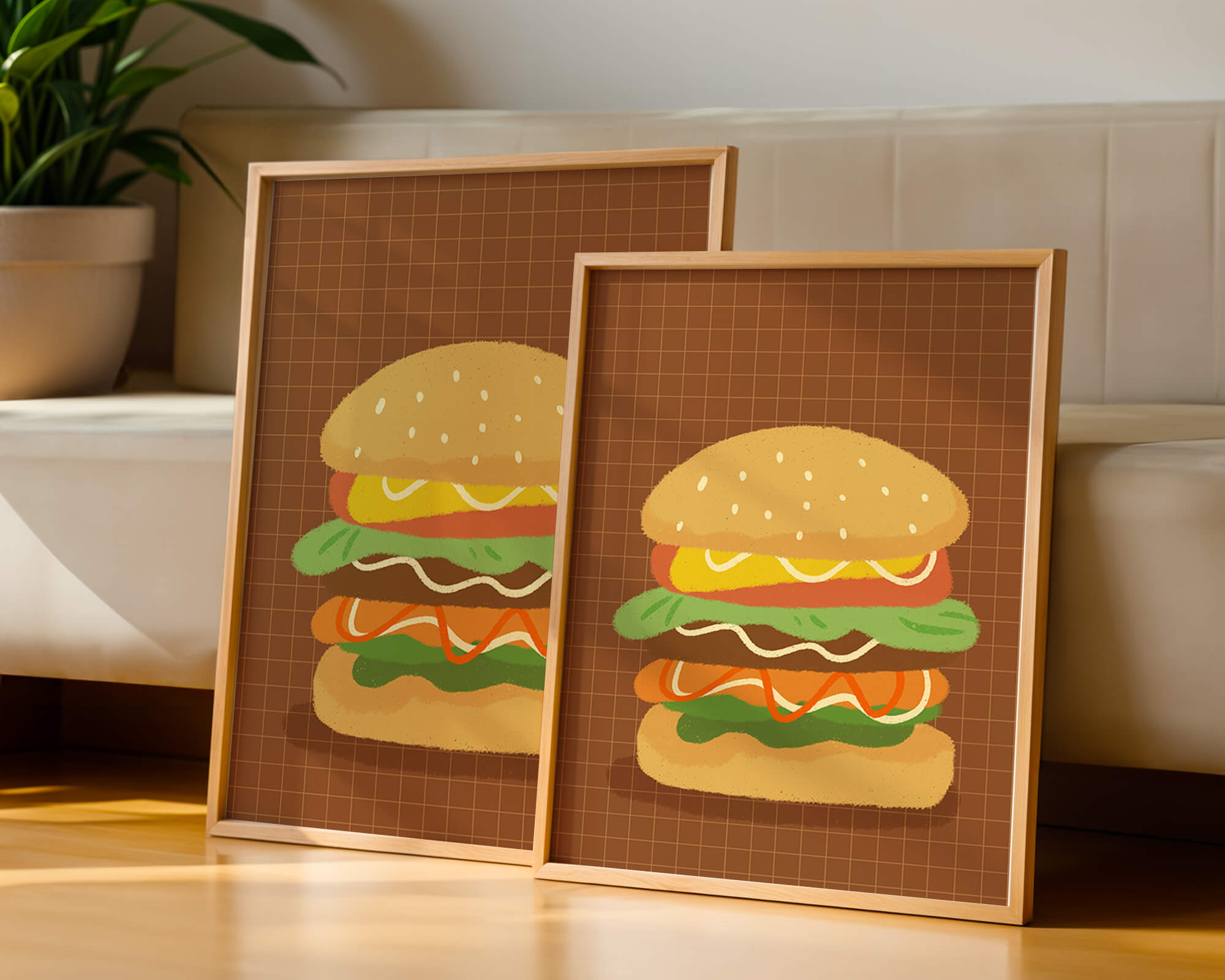 Illustrated cheeseburger with colorful layers on a grid background