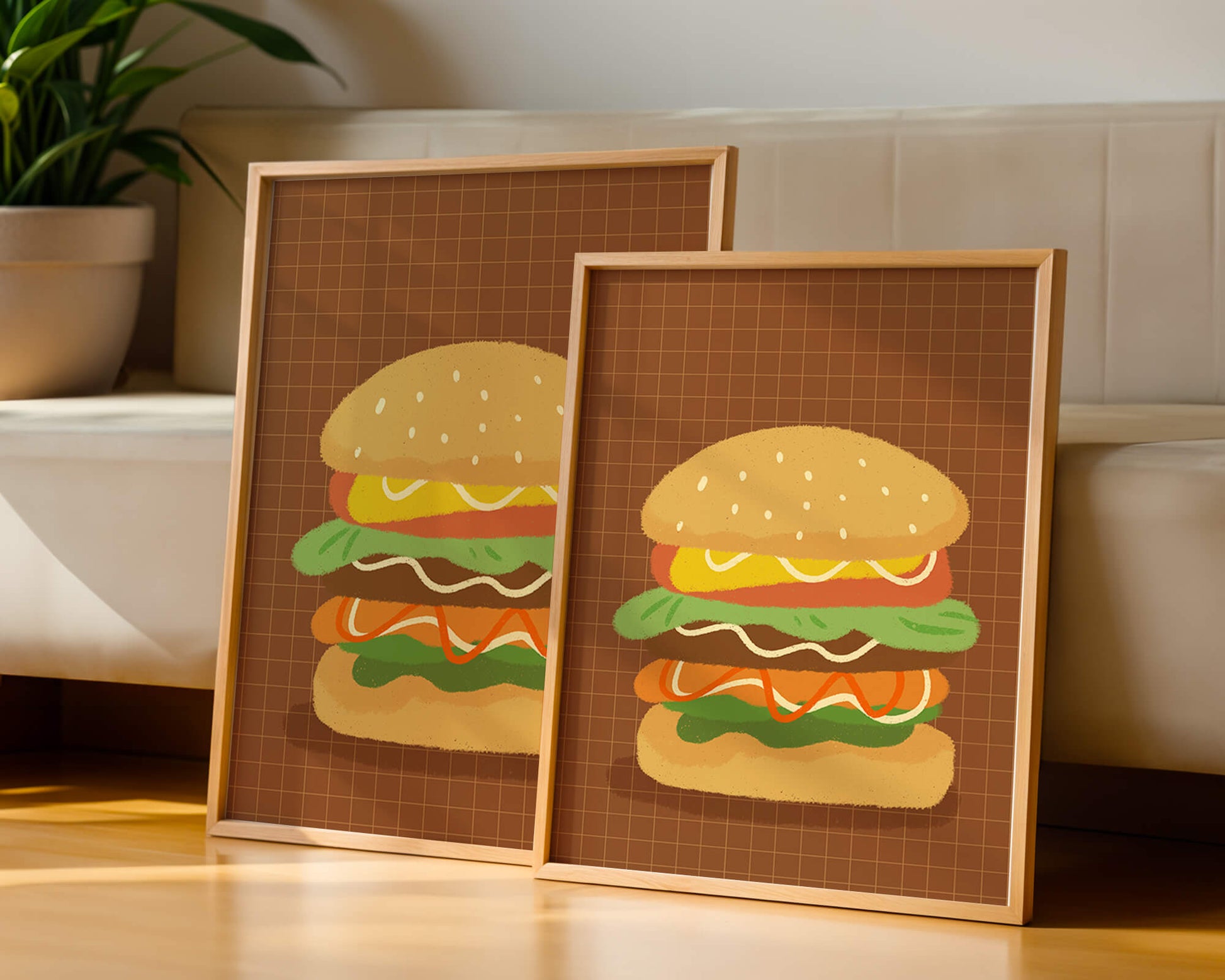 Illustrated cheeseburger with colorful layers on a grid background