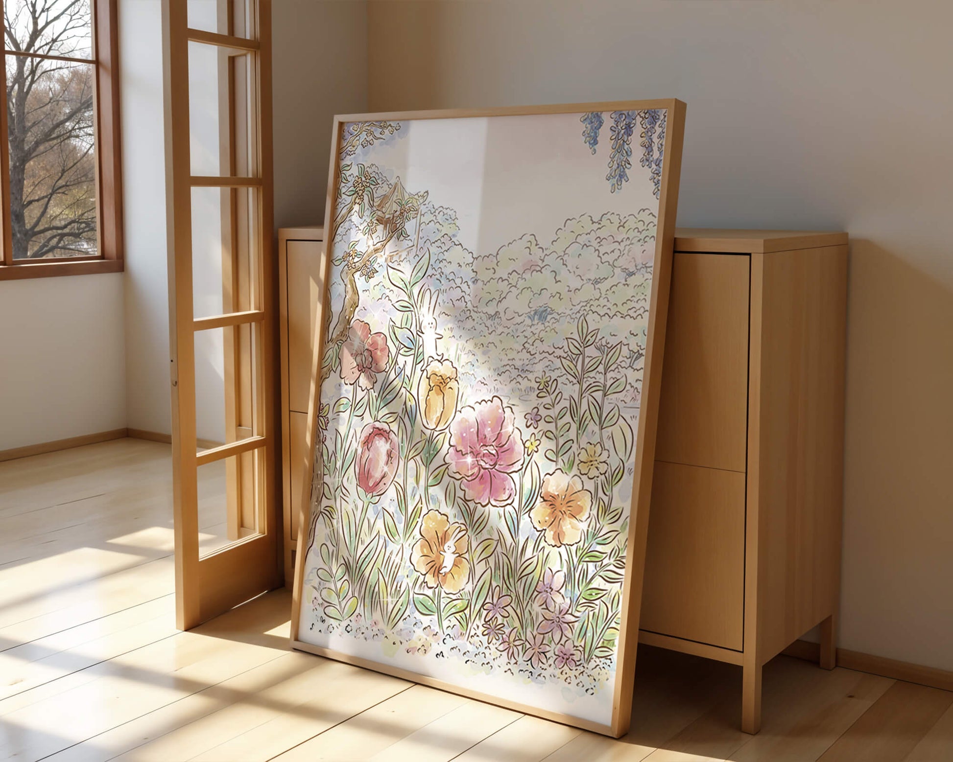 Charming Garden with Bunnies and Blossoming Trees