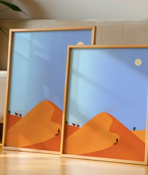 Serene desert landscape with dunes, camels, and a lone traveler under a starry sky