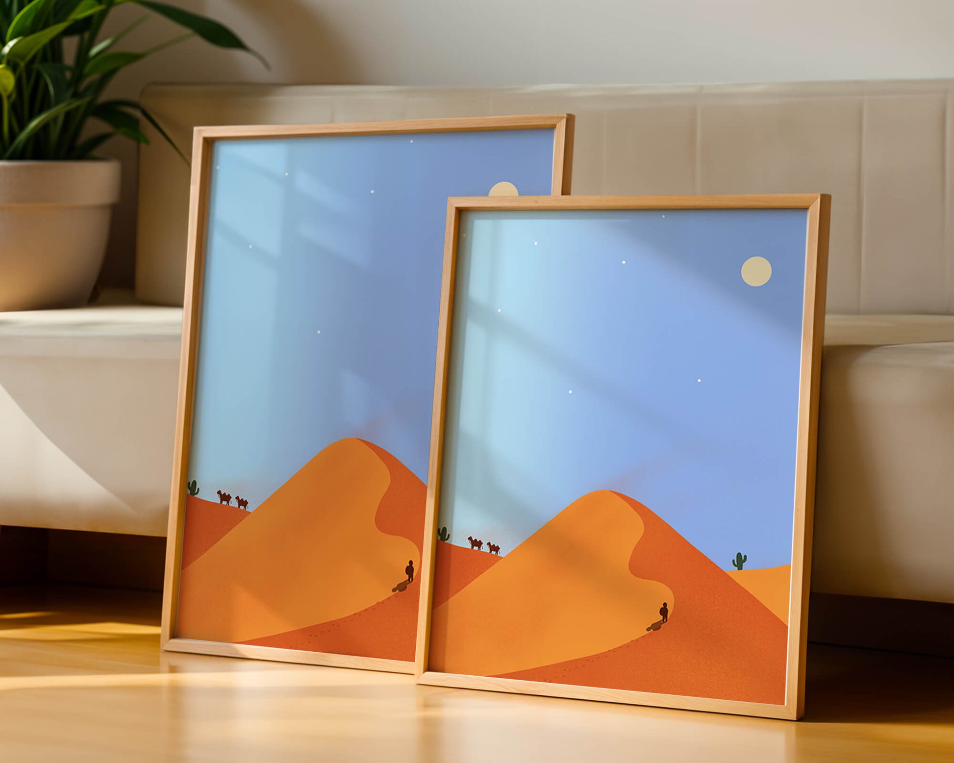Serene desert landscape with dunes, camels, and a lone traveler under a starry sky