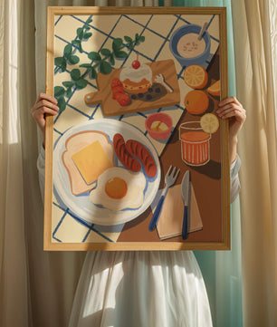 Escena de desayuno colorida con comida y bebida
