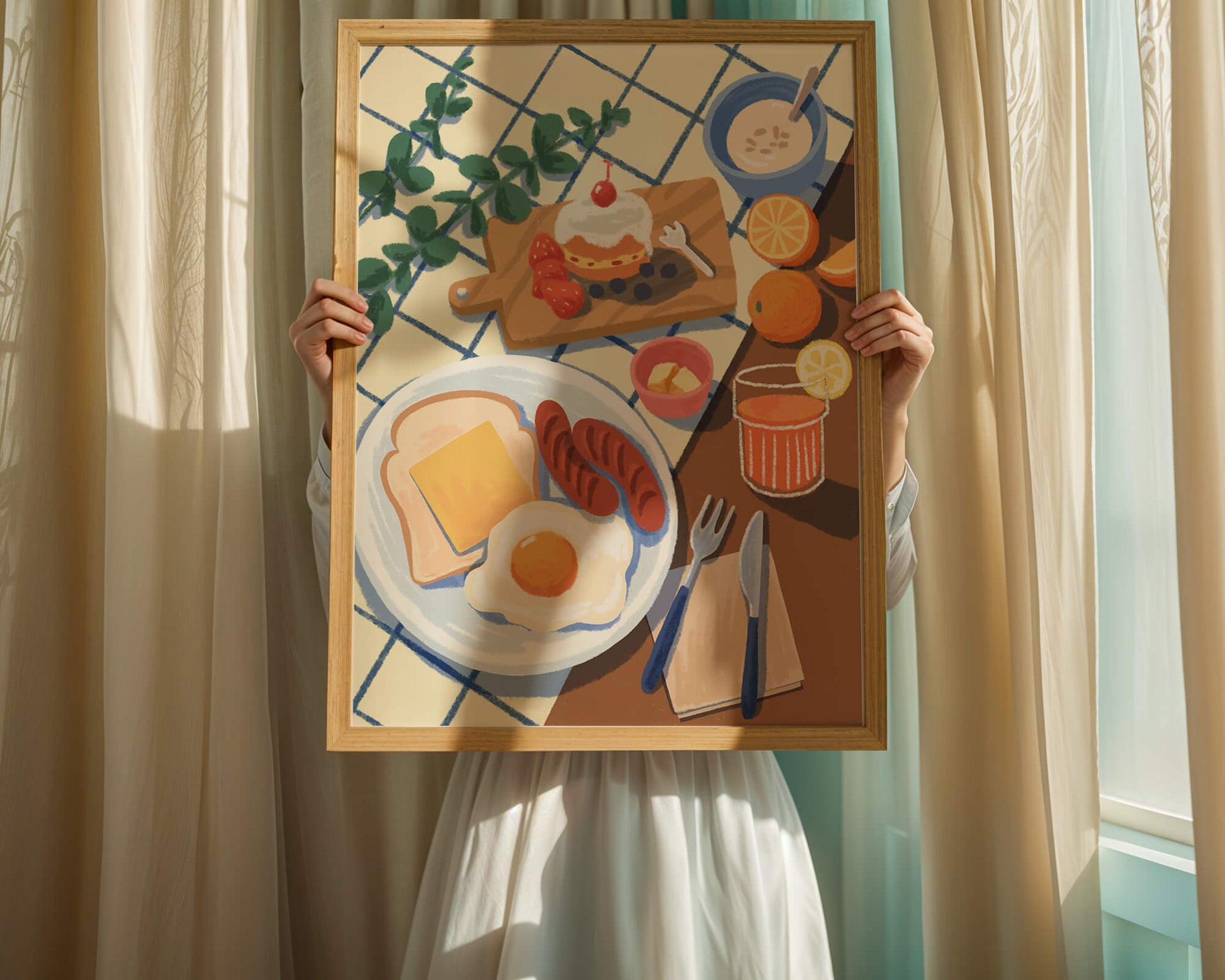 Escena de desayuno colorida con comida y bebida