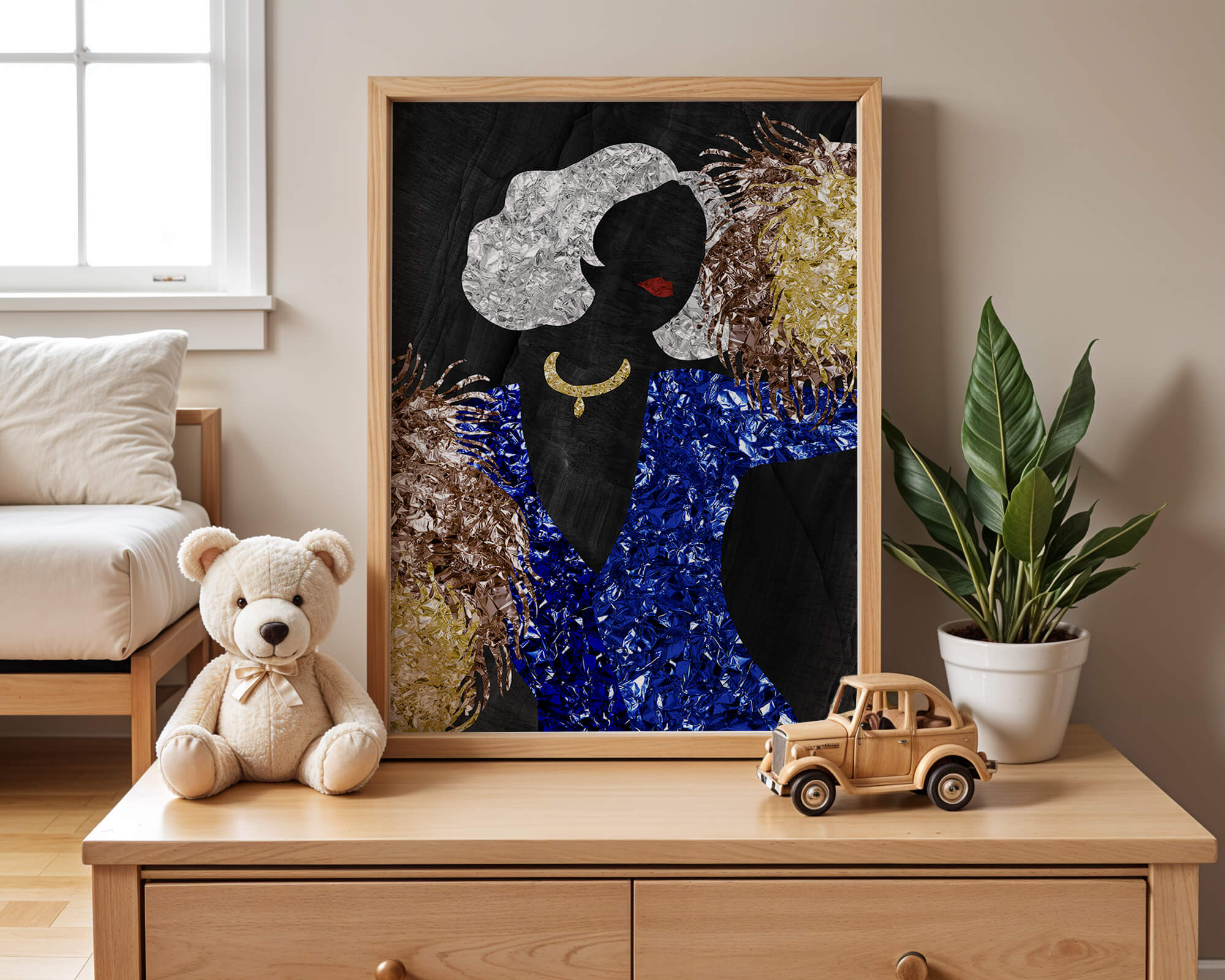 Abstract art with colorful foil textures and silhouette