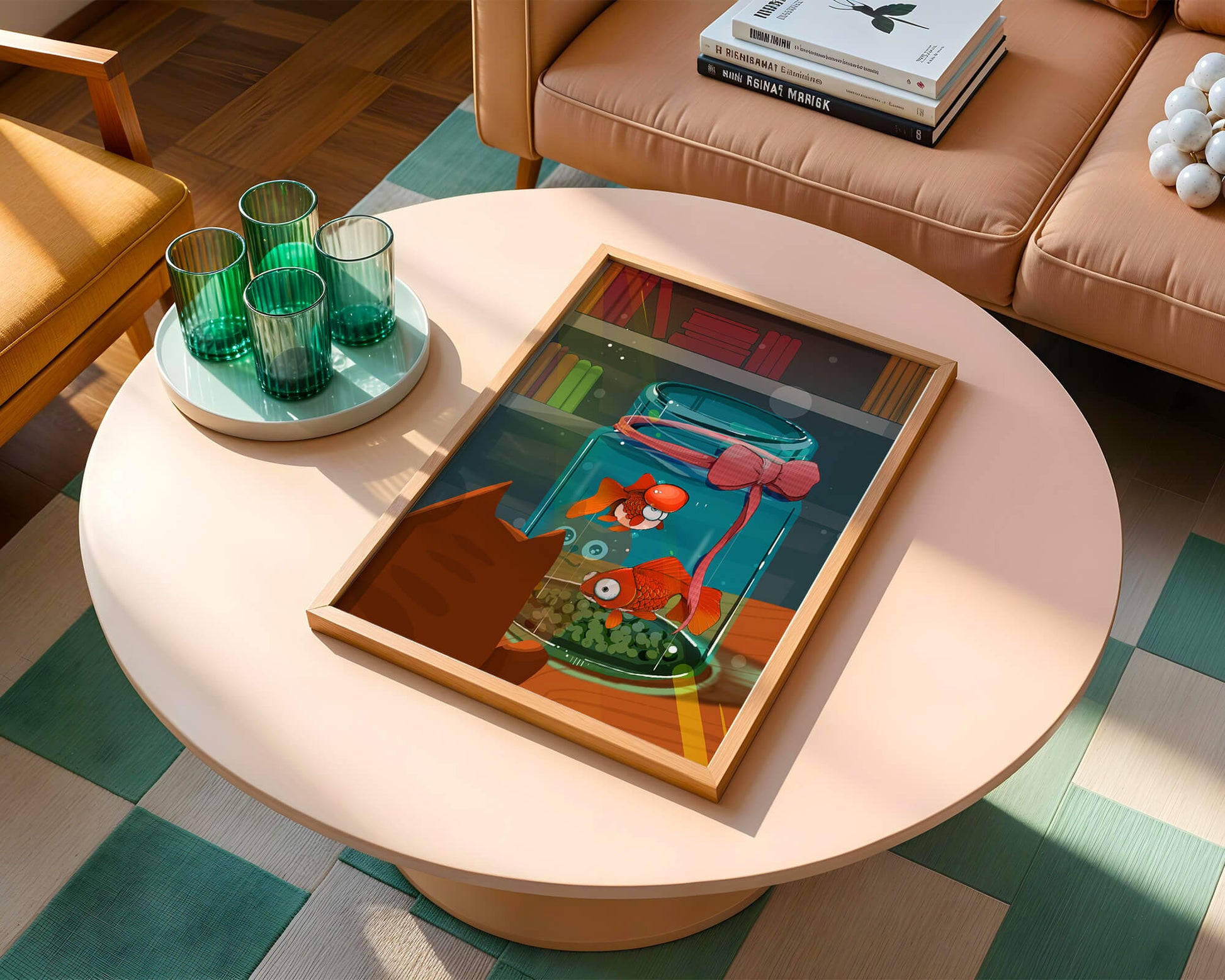 Neugierige Katze beobachtet Goldfische in einem Glas auf einem Bücherregal