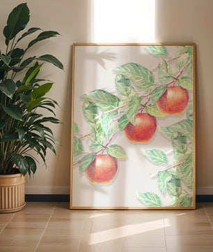 Ilustración de manzanas en la rama de un árbol con hojas verdes