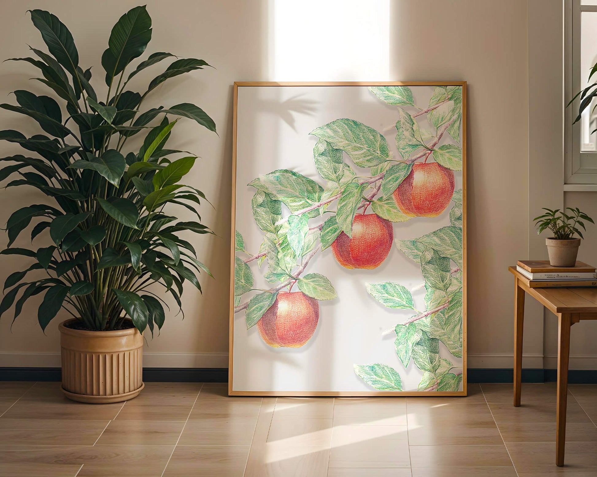 Illustration of Apples on a Tree Branch with Green Leaves