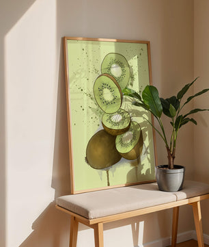 Watercolor illustration of sliced kiwi fruit with splashes