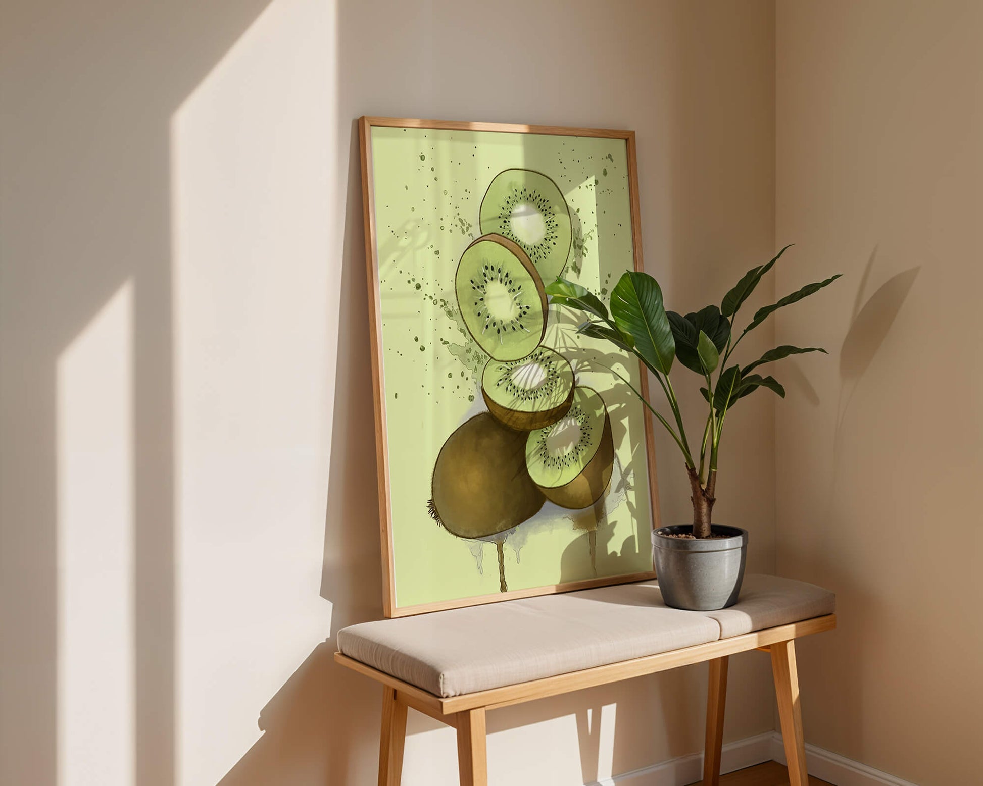 Watercolor illustration of sliced kiwi fruit with splashes