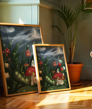 Enchanted night scene with glowing mushrooms and moonlit sky