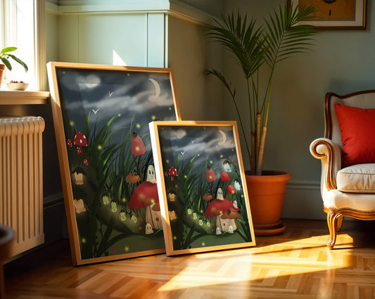 Enchanted night scene with glowing mushrooms and moonlit sky