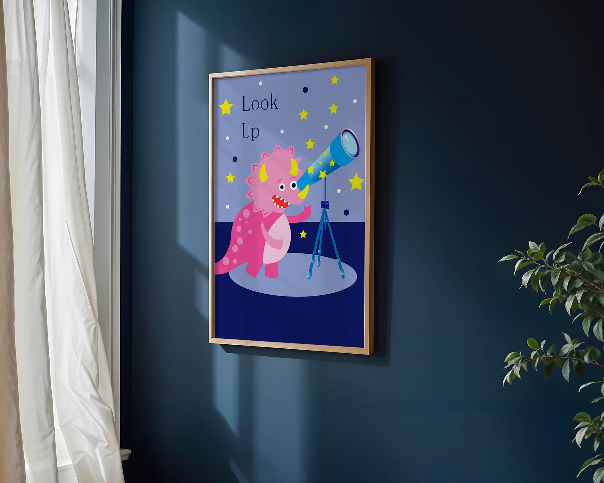 Pink cartoon dinosaur looking through a telescope with stars