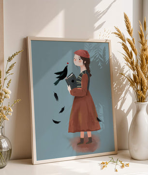 chica en atuendo vintage con pájaro y libro sobre fondo azul