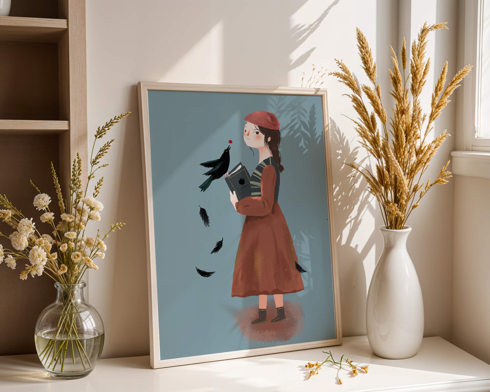 girl in vintage attire with bird and book on blue background
