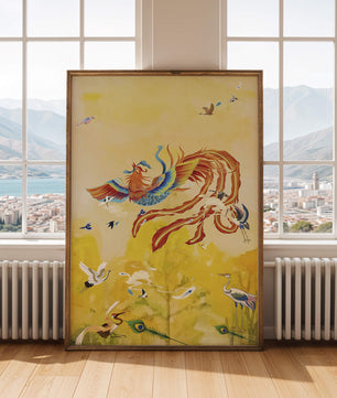 Oiseau mystique coloré avec des compagnons à plumes éclatantes dans un ciel vibrant
