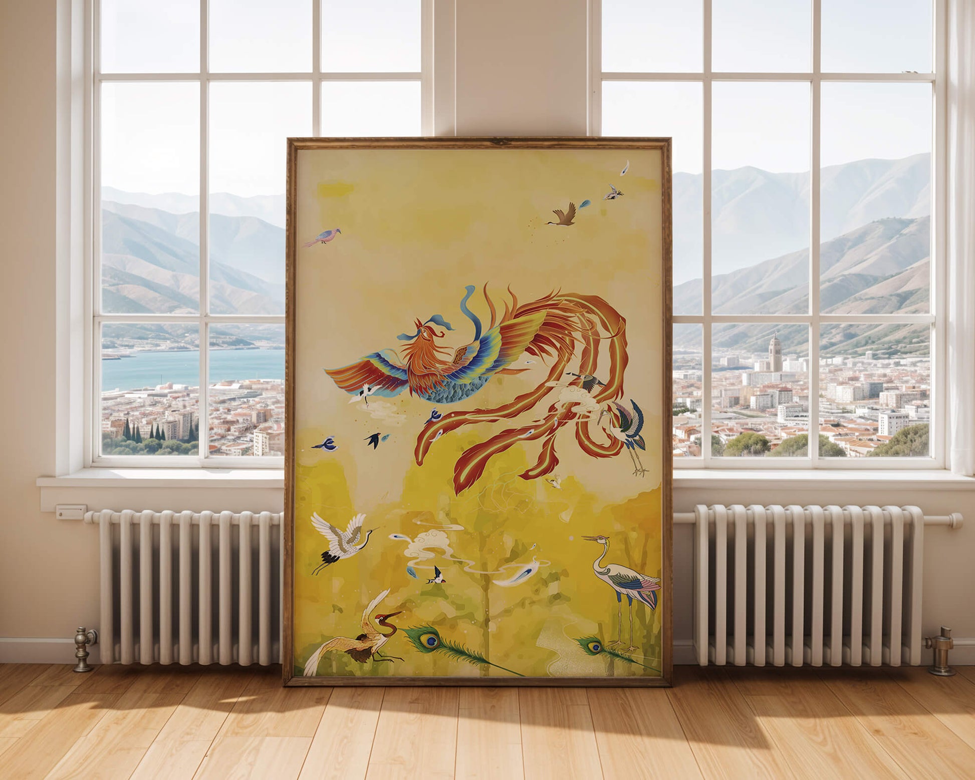 Colorful mystical bird with vivid feathered companions in a vibrant sky
