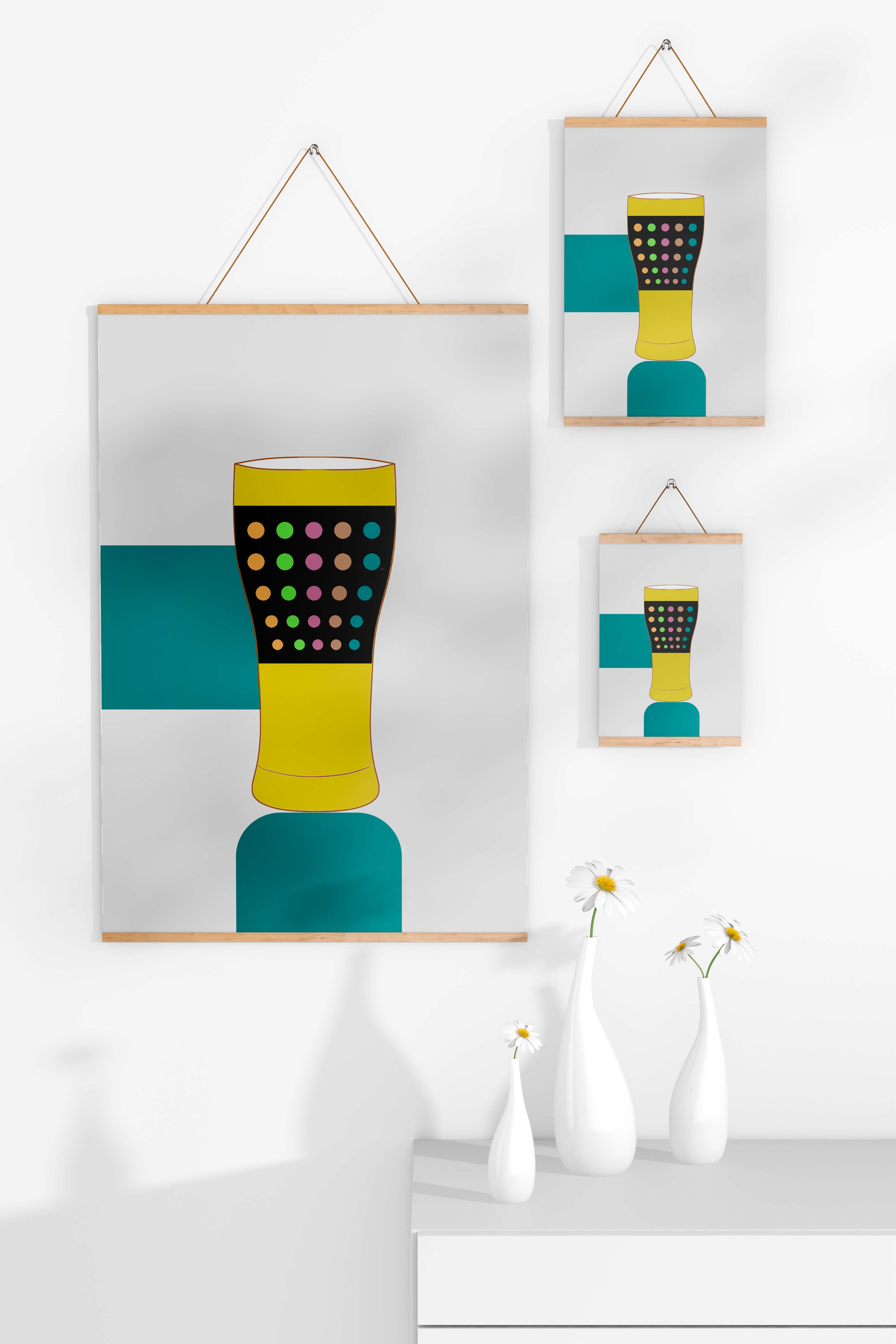 Colorful abstract illustration of a pint glass with dotted pattern