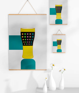 Colorful abstract illustration of a pint glass with dotted pattern